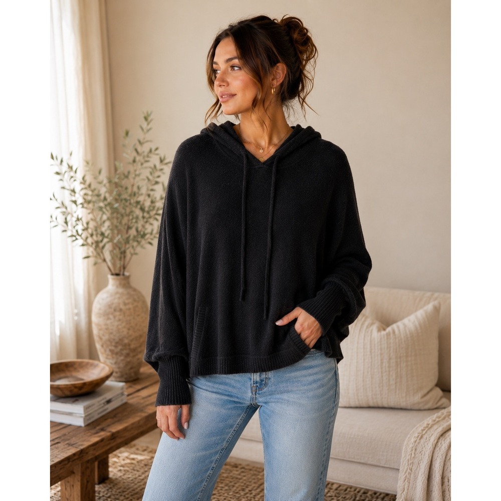 C by Bloomingdale's 100% Cashmere‎ Hoodie Pullover Black Size XS Batwing